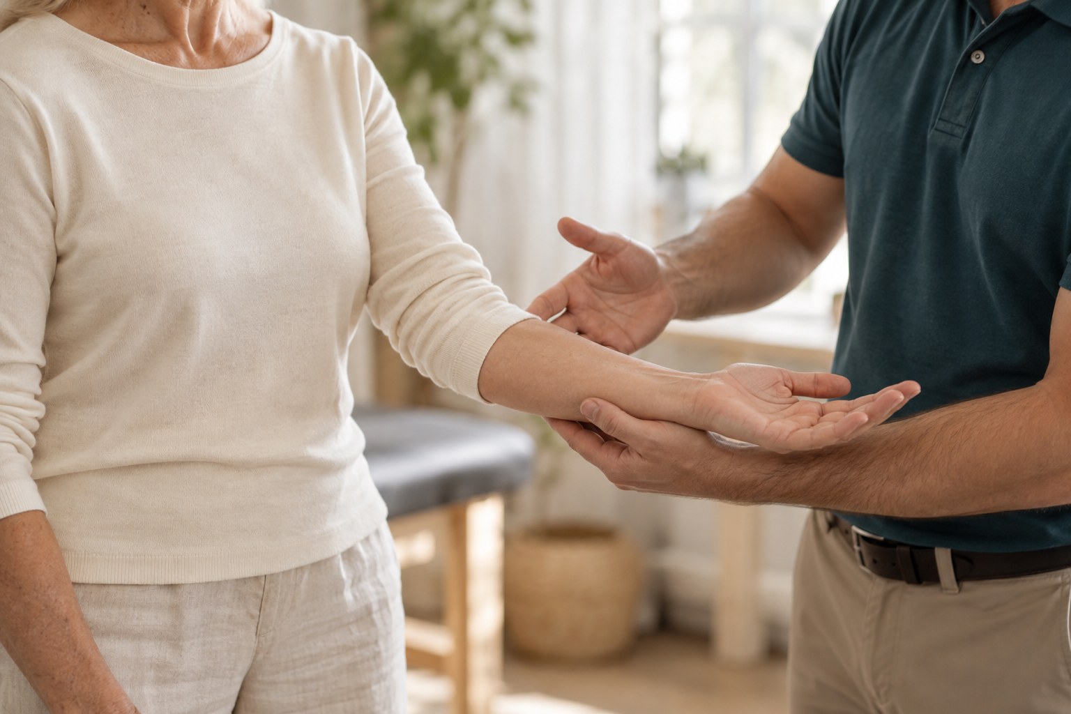 Illustrative detail of hands supporting a movement assessment