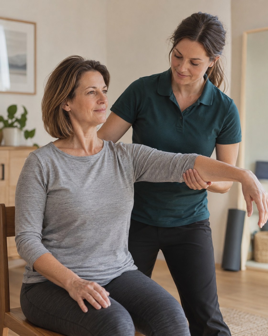 Illustration of a physiotherapy interaction focused on gentle movement